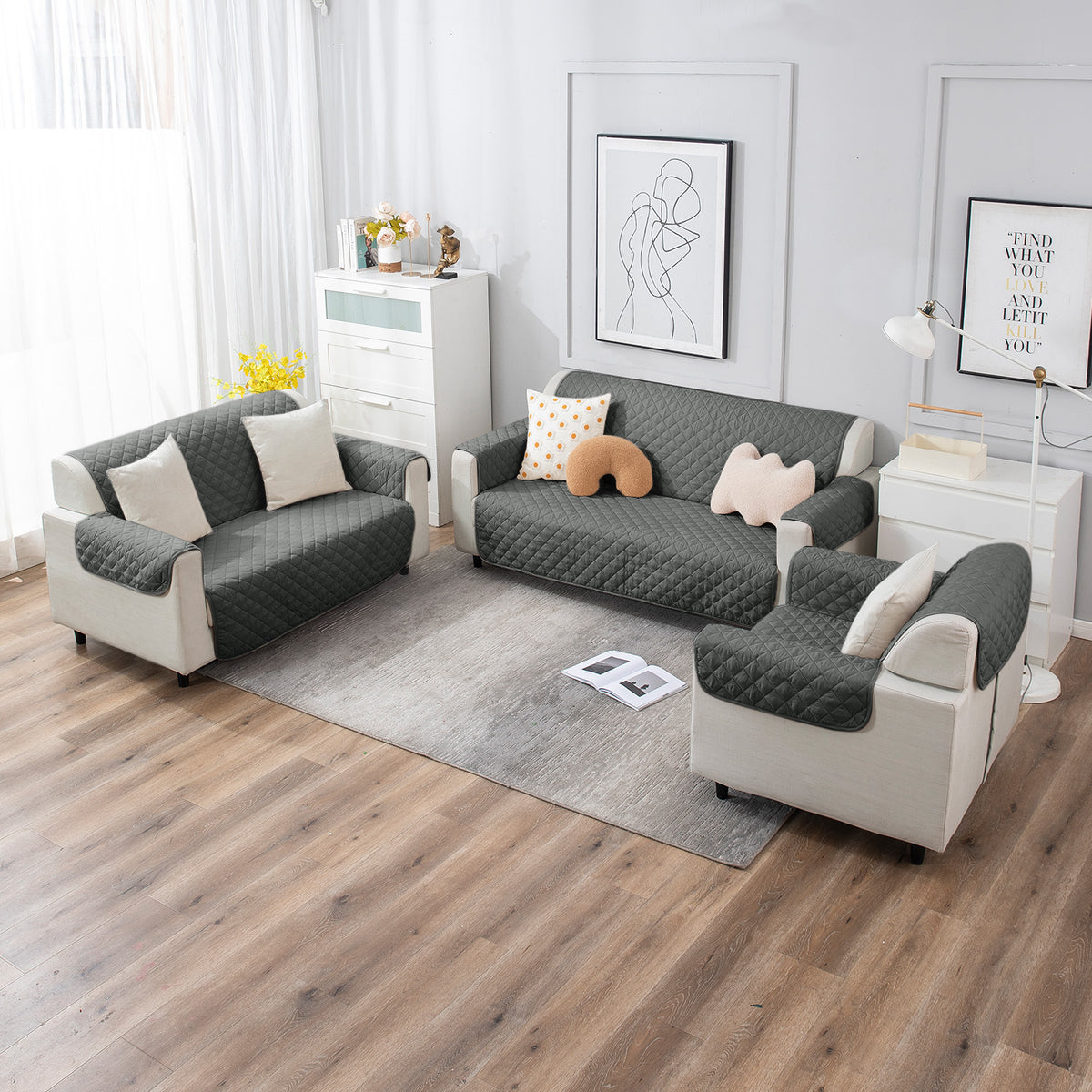 Anchor Grey quilted sofa cover​ for 3+2+1 seater sofa set