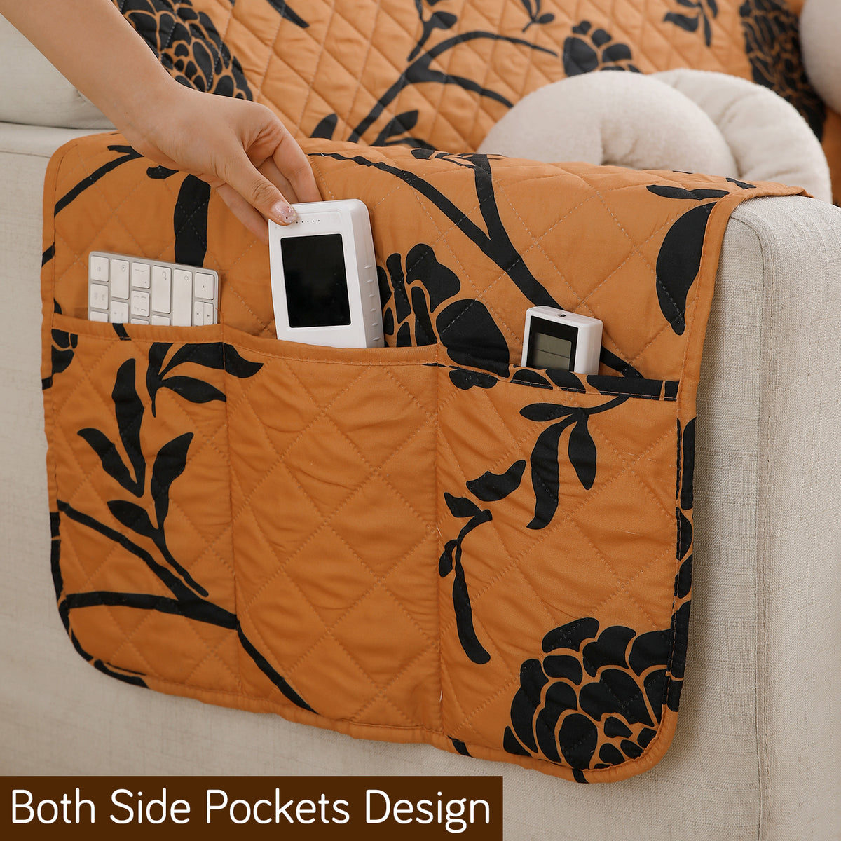 Waterproof & Quick-Dry Quilted Sofa Cover with Pockets on Armrest and Cushion Cover, Copper Brown Floral