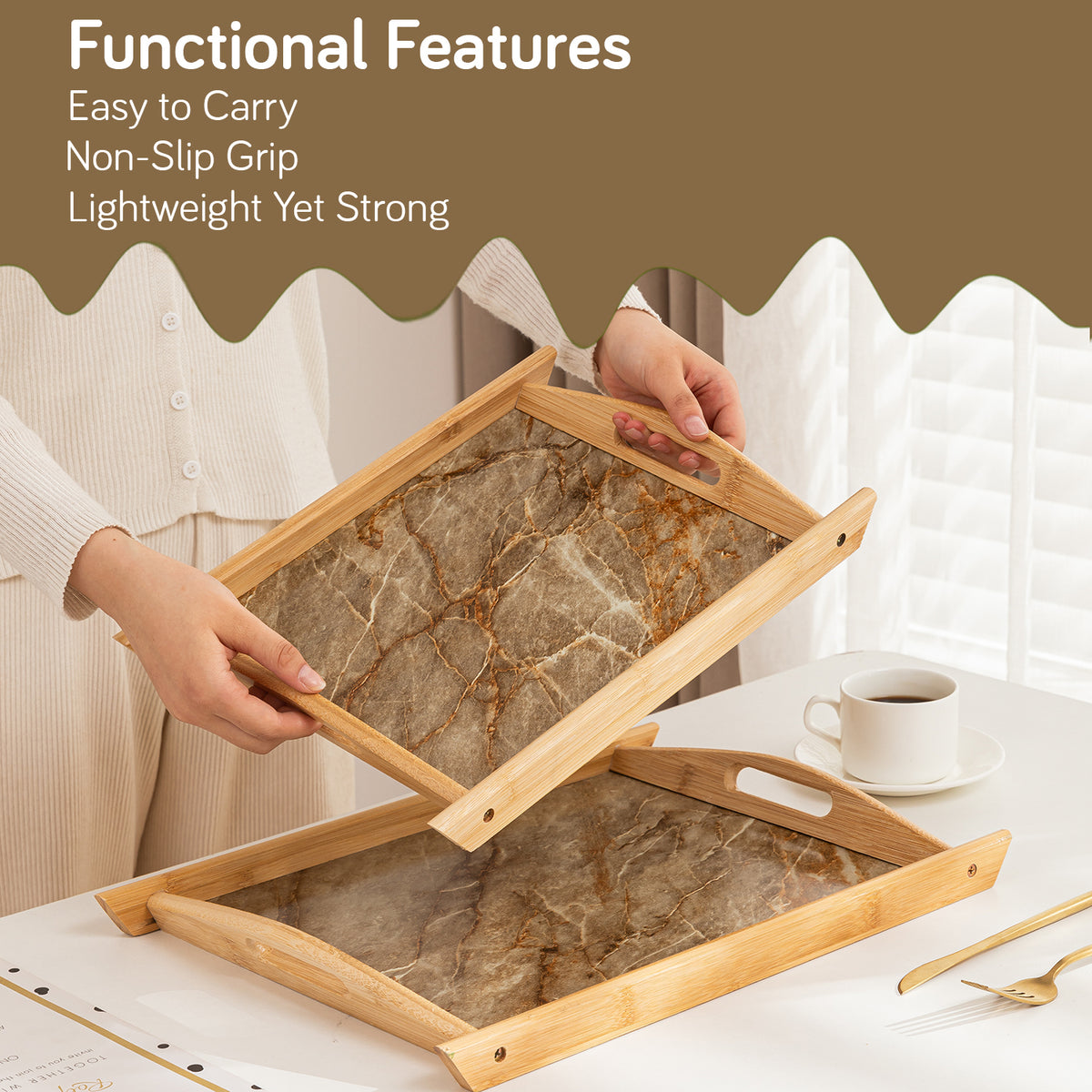 Best Brown Elegant Bamboo Serving Tray Set with Marble Base | Set of 2