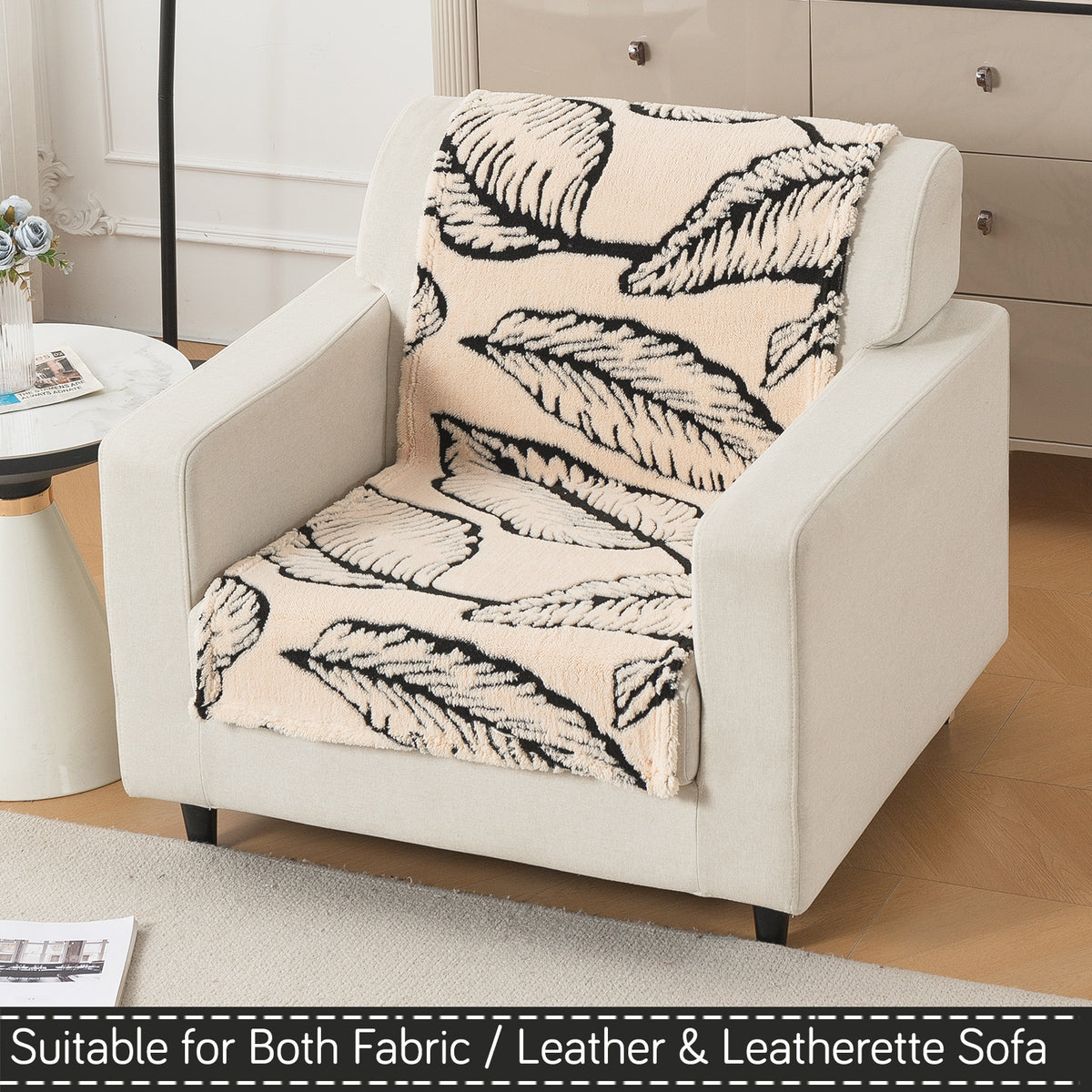 'Noirea Series' Plush Sofa Cover for Seat & Back, Botanical Leaf