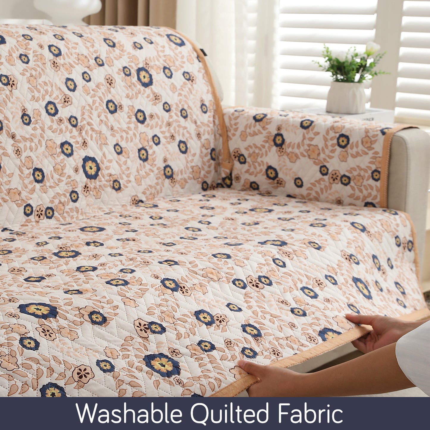 HomeHues Series Quilted Sofa Cover with Secure Fit Belt for L Shape sofa, Light Peach Candytuft