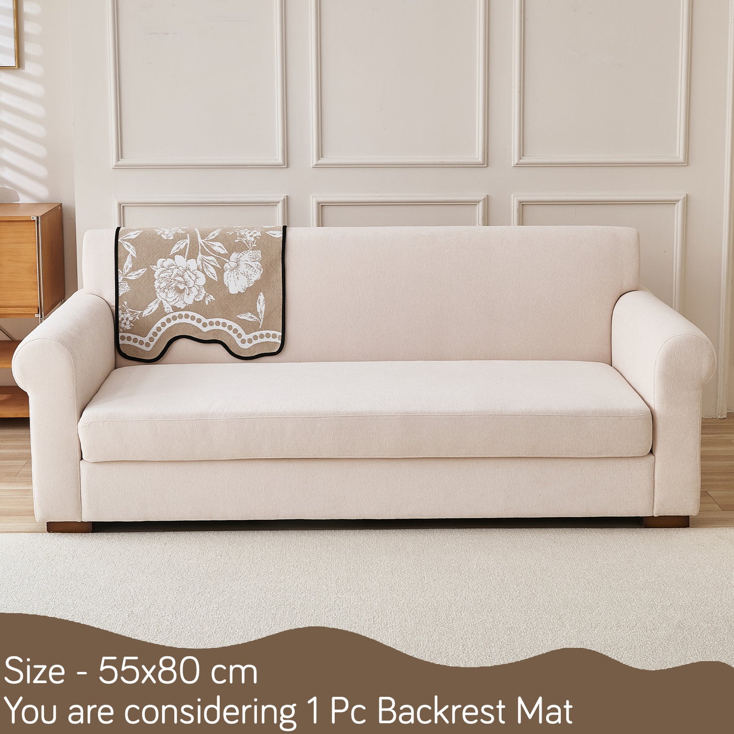 Chenille Sofa Cover Mat with Curvy Edges, 'Retro Curves Series' Sofa Mat, Sand Beige