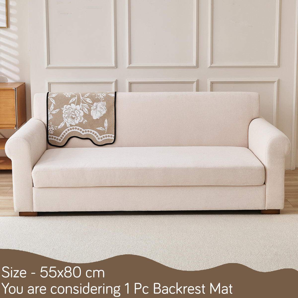 Chenille Sofa Cover Mat with Curvy Edges, 'Retro Curves Series' Sofa Mat, Sand Beige