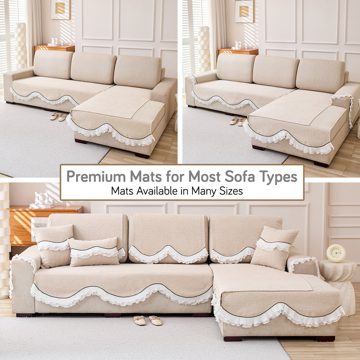 French Classic Frill Wavy Sofa Cover Mat, Champagne Beige