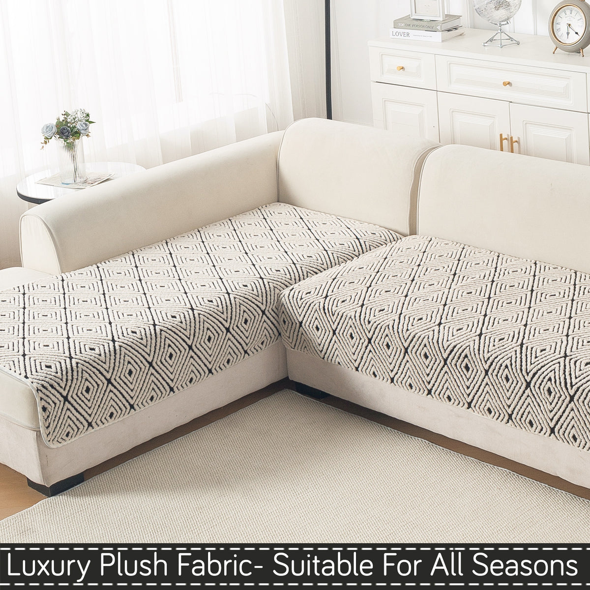 Luxury Plush Sherpa Anti Slip Combination Sofa Mat, 'Noirea Series'|Geometric Diamond