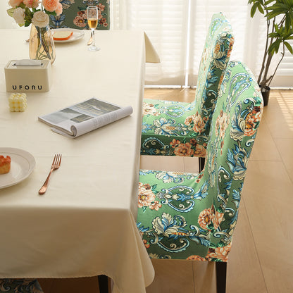 Premium Printed Velvet Dining Chair Cover Set, Green Victorian Garden
