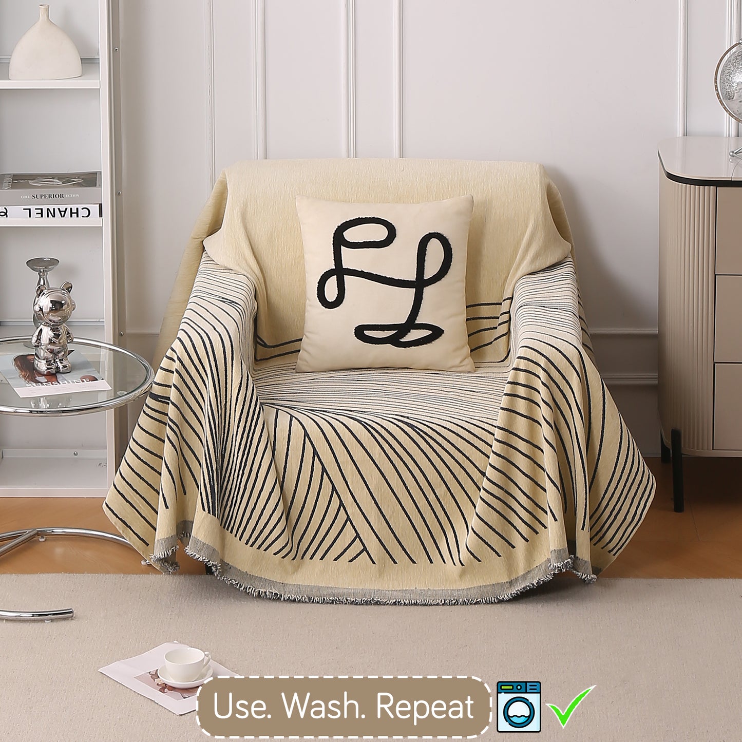 WaveLoom Collection Printed Chenille Sofa Cover Throw Blanket, Grey