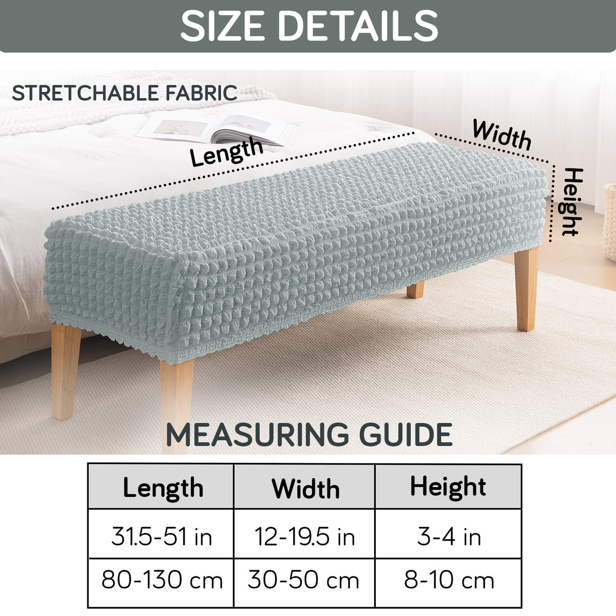 Aria Nova 280 GSM Stretchable Bubble Dining Bench Cover, Light Grey