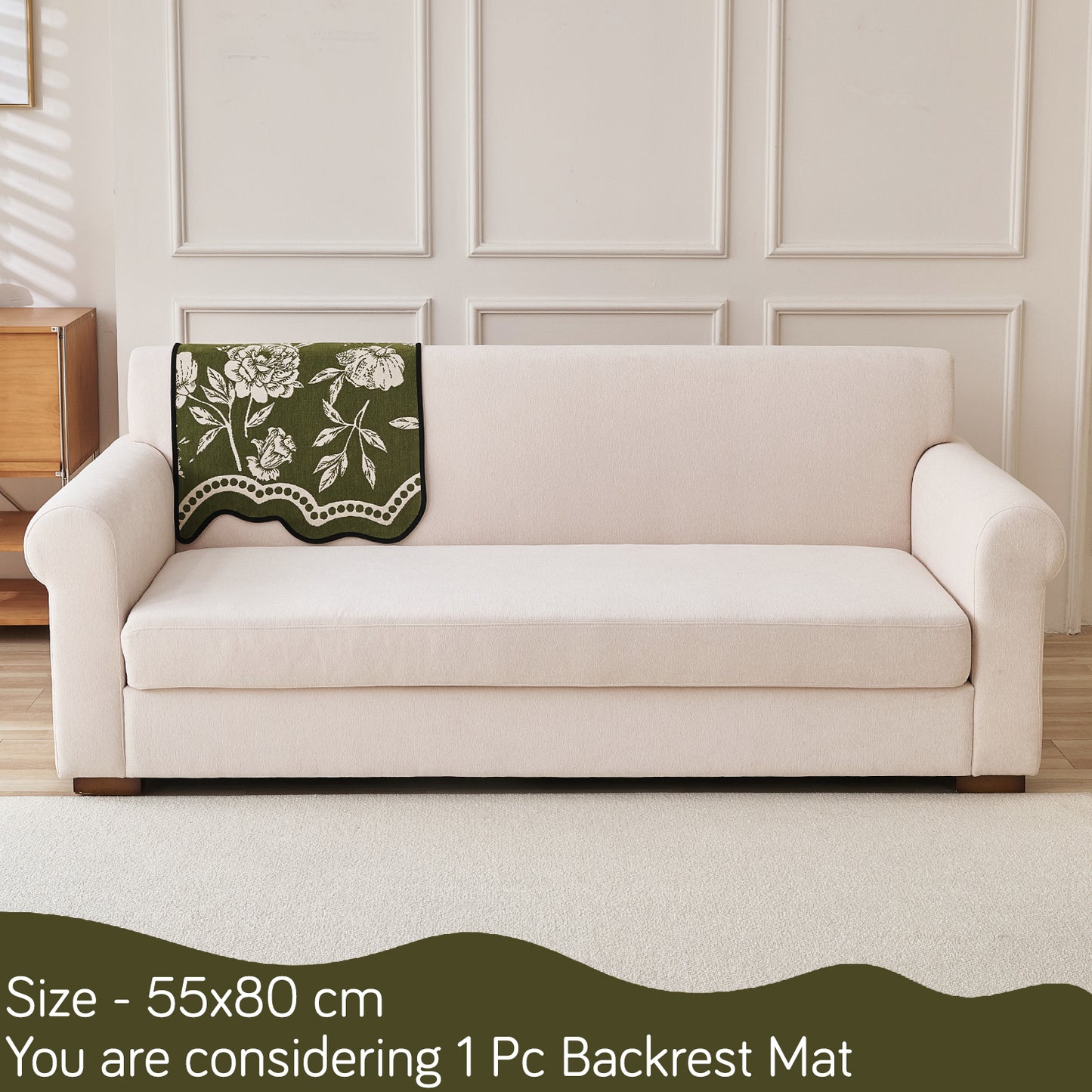 Chenille Sofa Cover Mat with Curvy Edges, 'Retro Curves Series' Sofa Mat, Olive Green