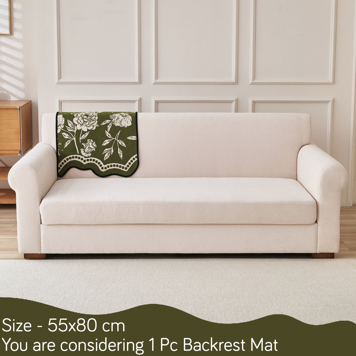 Chenille Sofa Cover Mat with Curvy Edges, 'Retro Curves Series' Sofa Mat, Olive Green