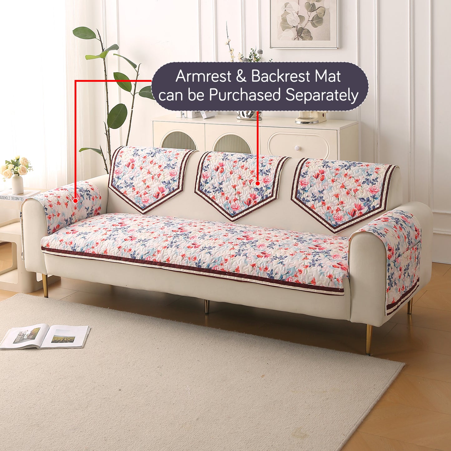 Florentina Series Printed Holland Velvet Sofa Mat - Scarlet Rose Ivory