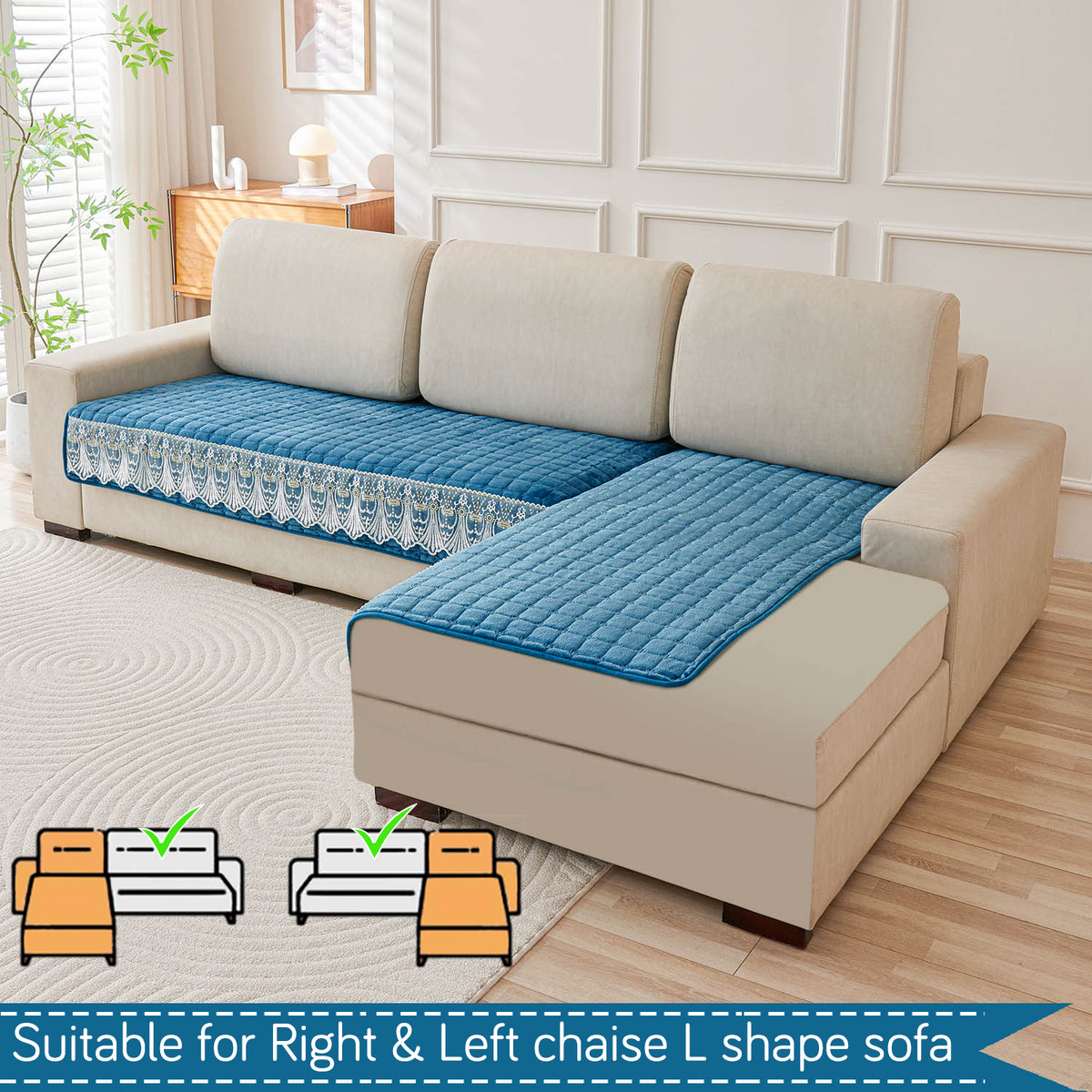 Buy Celdaon Blue Colour BelleLace Imperial Milk Velvet L Shape Sofa Mat