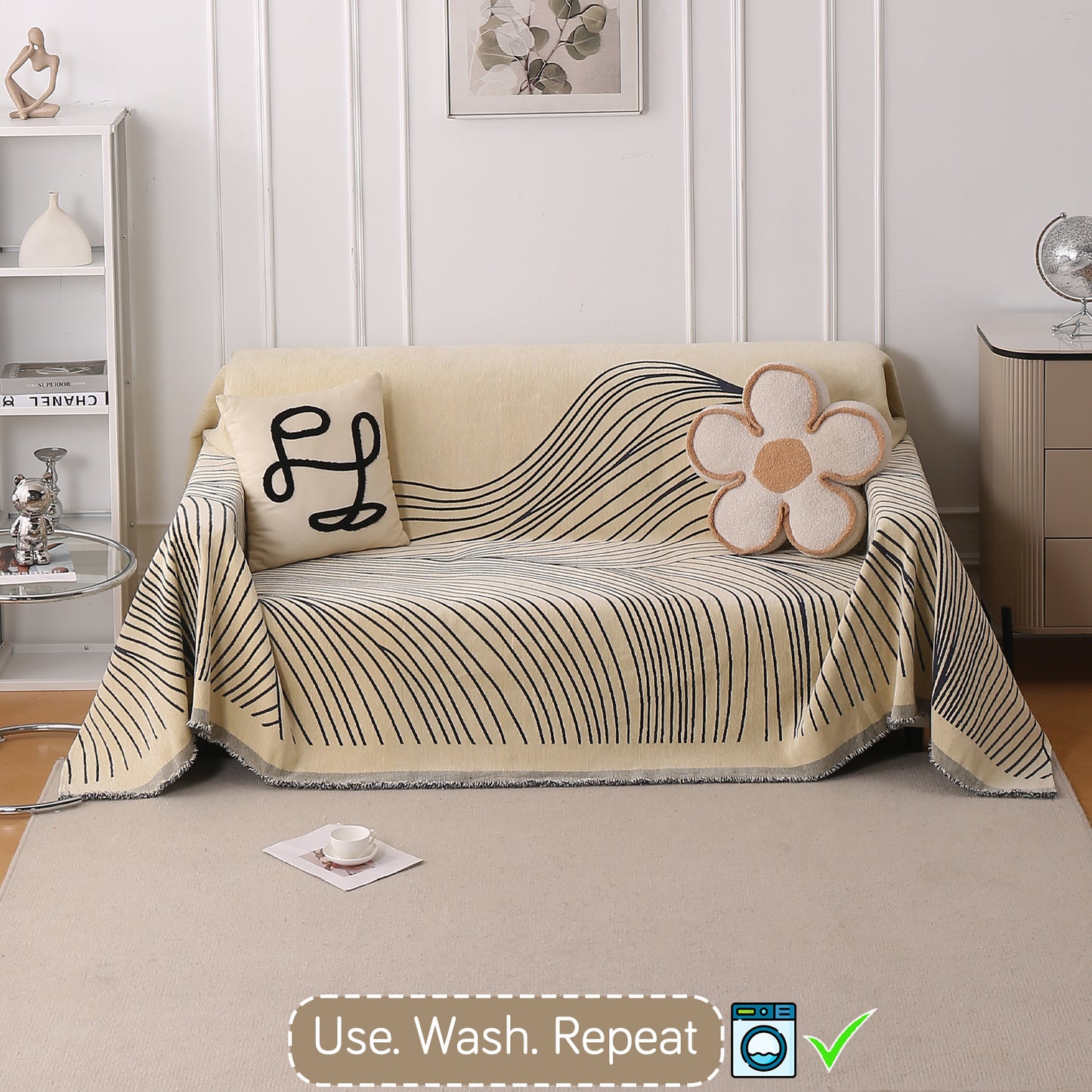 WaveLoom Collection Printed Chenille Sofa Cover Throw Blanket, Grey