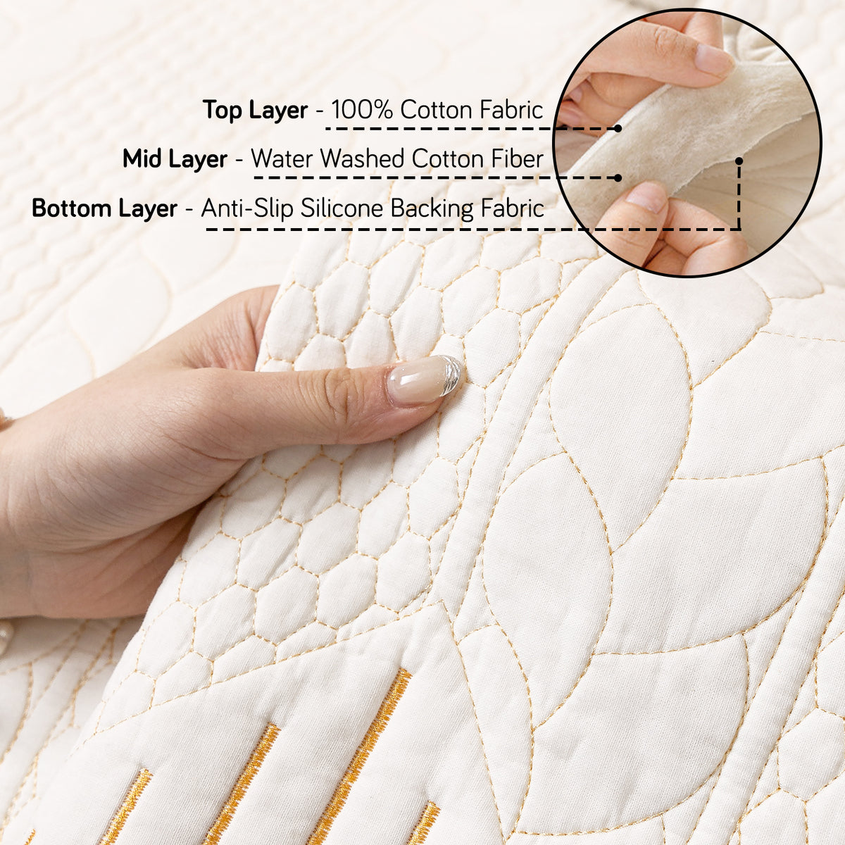 Cotton Reverie with a Curved Wavy Edge Sofa Mat, Golden Cream Bloom