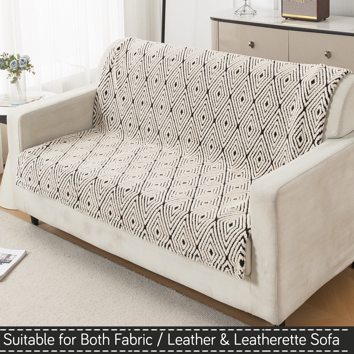 'Noirea Series' Plush Sofa Cover for Seat & Back, Geometric Diamond