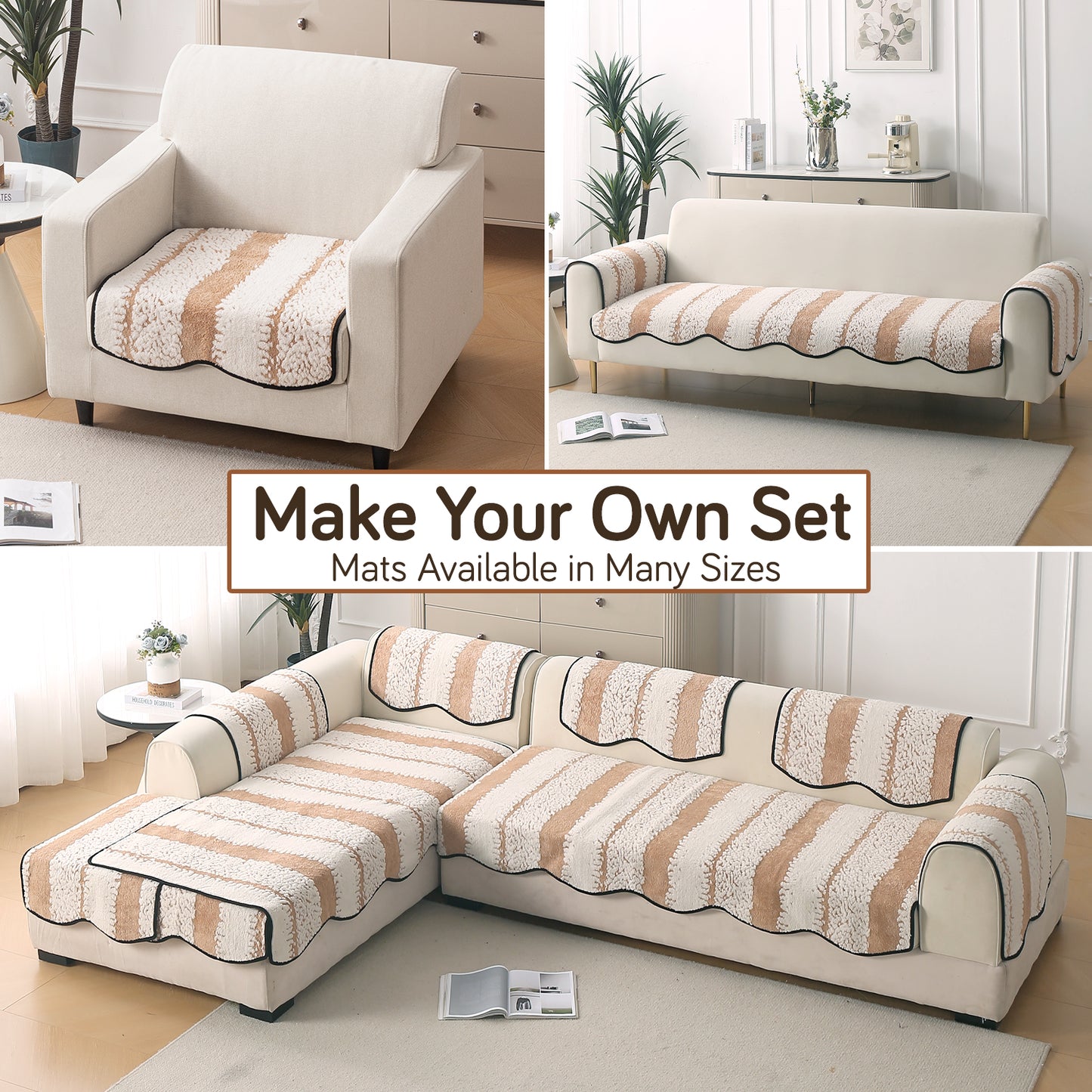 Luxury Wavy Plush Anti-Slip Sofa Cover Mats - Desert Brown