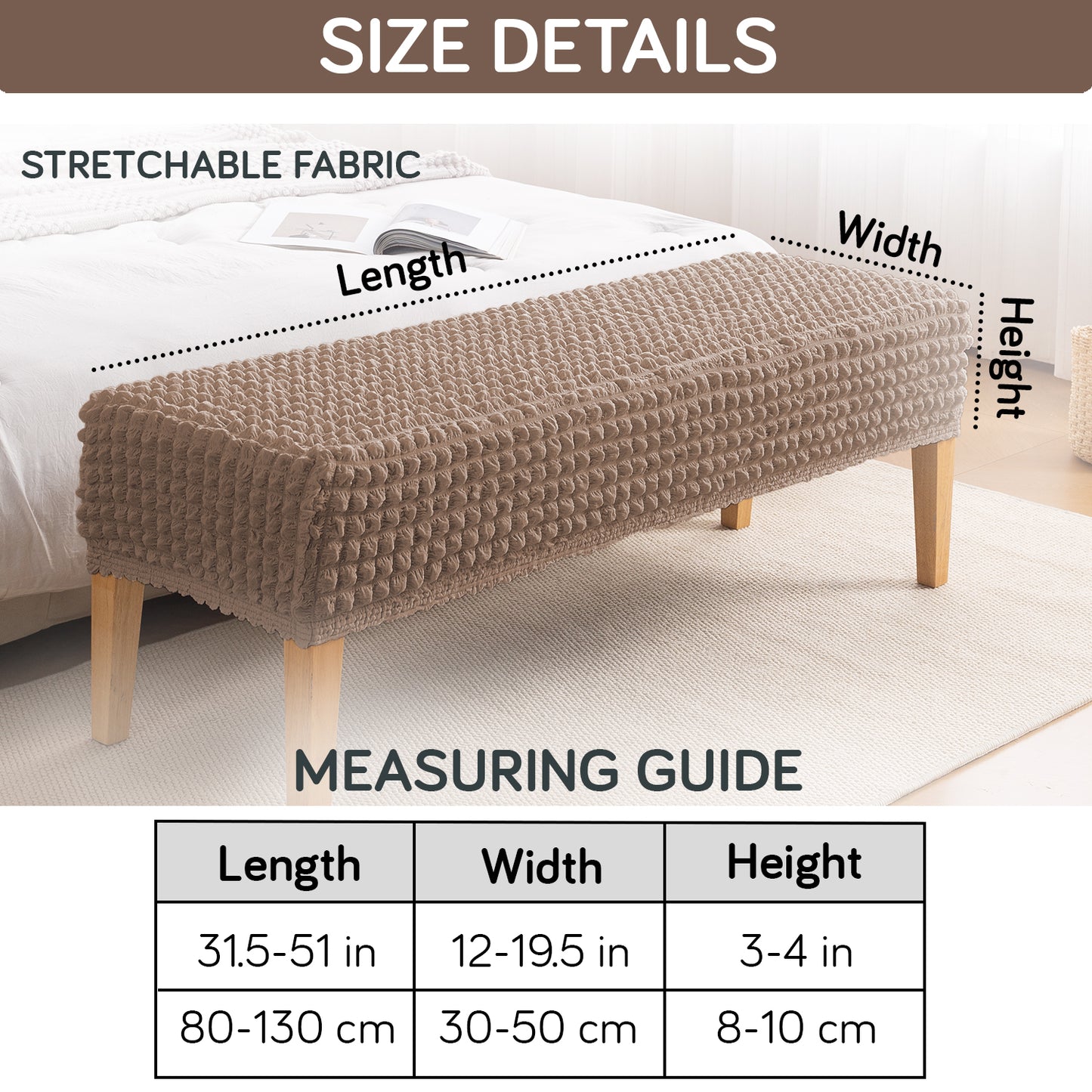 Aria Nova 280 GSM Stretchable Bubble Dining Bench Cover, Mocha Brown