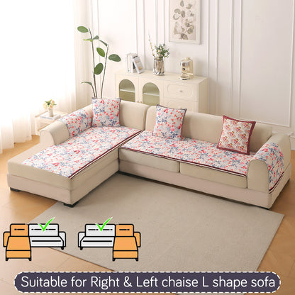 Florentina Series Quilted Holland Velvet L Shape Sofa Seat Mat - Scarlet Rose Ivory