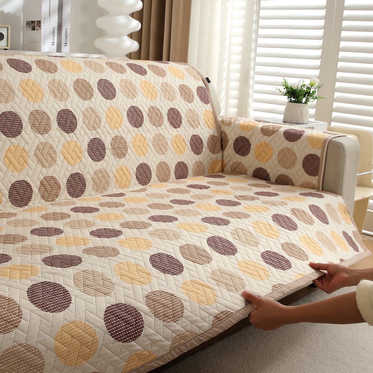 Brown Polka Dot Printed quilted sofa Cover