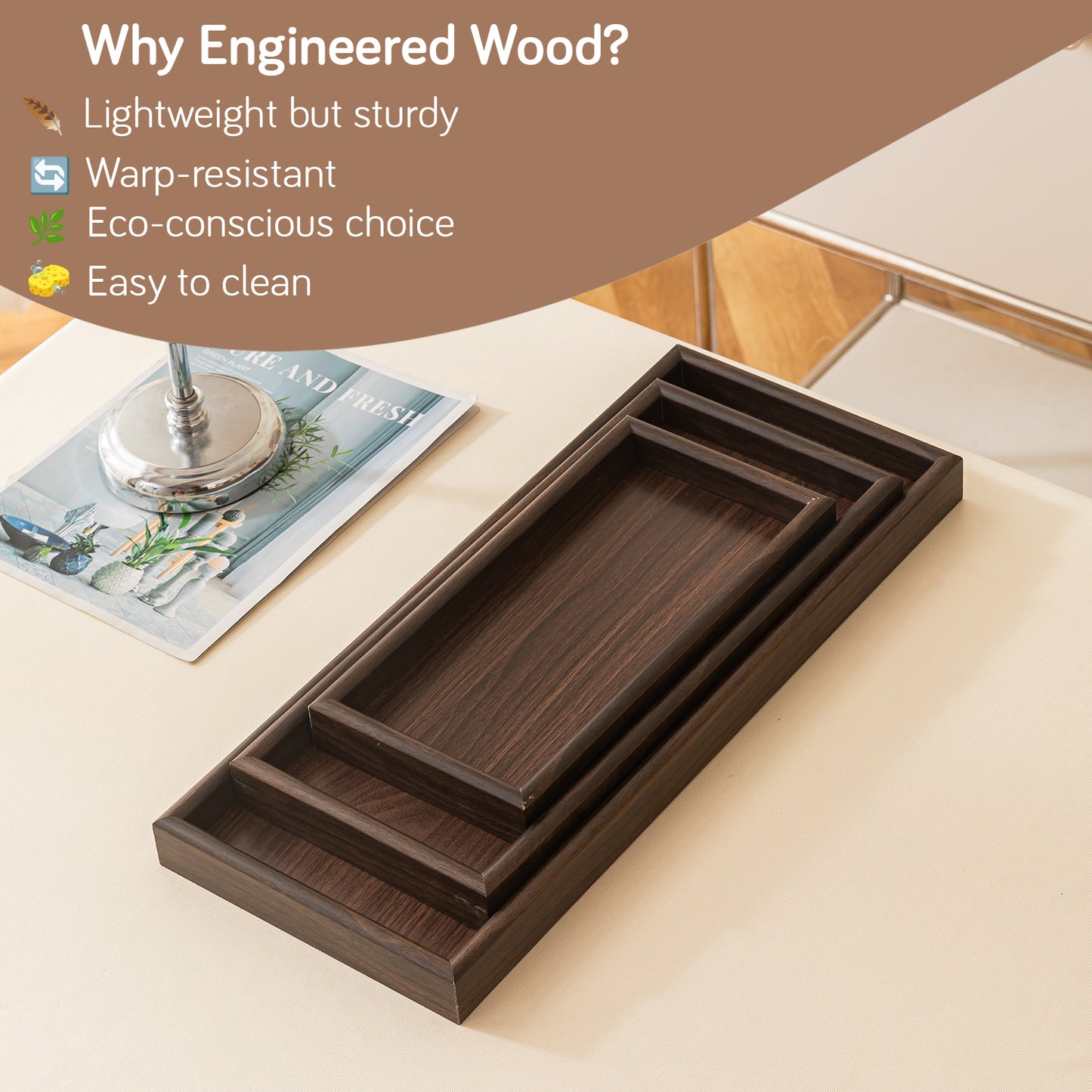 Wooden Serving Tray MDF Rectangular Eco-Friendly Trays Set of 3, Dark Wood Finish