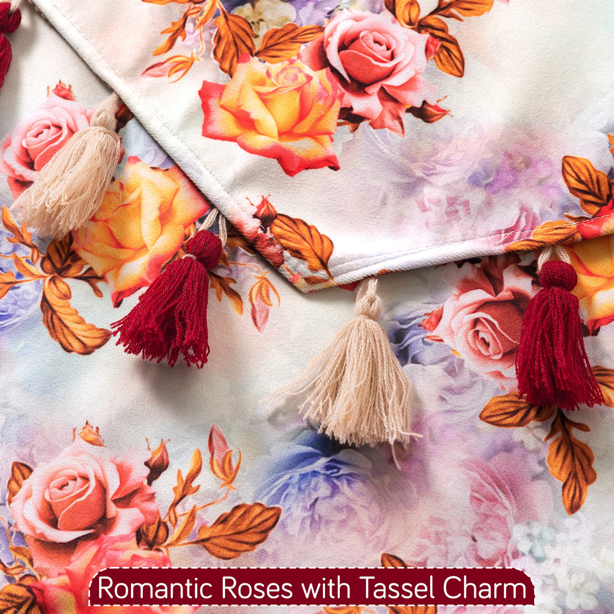 'Whispers of Nature' Series Holland Velvet Sofa Cover with Tassel, Vintage Rose Bloom