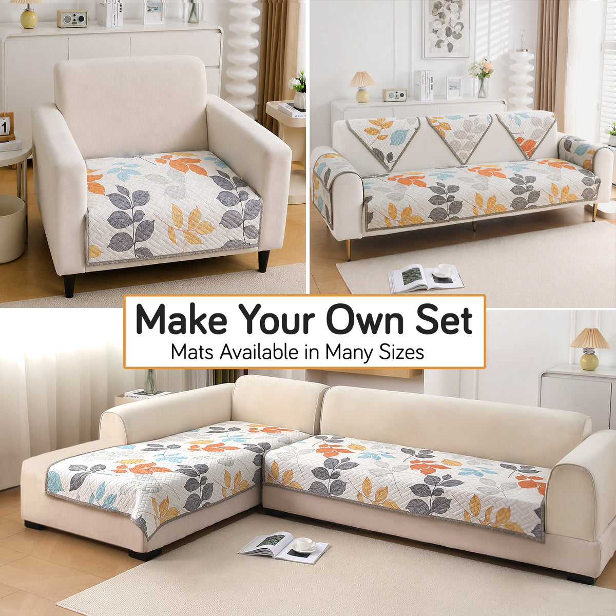 'Homehues' Printed Quilted Sofa Cover Mats, Multicolor Leaves