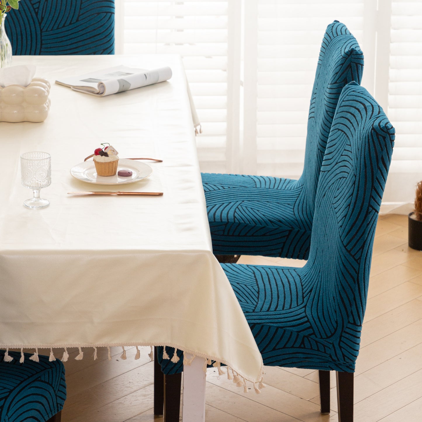 WaveLine Series 180 GSM Jacquard Chair Cover Set of 1/2/4/6, Teal Green