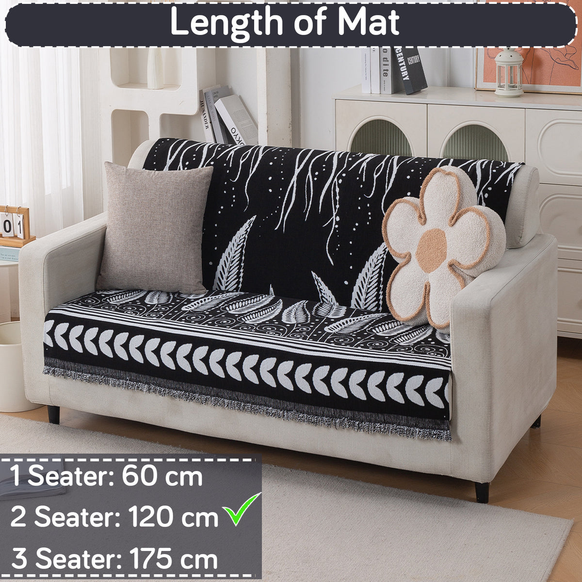 Premium 320 GSM Chenille Sofa Cover 'Serene Abode Series', Black Fern Tribal