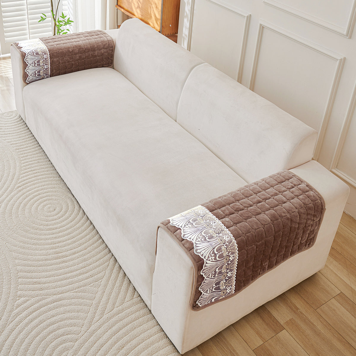 BelleLace Series Premium Imperial Milk Velvet Sofa Cover Mat with Lace Design -  Mocha Brown