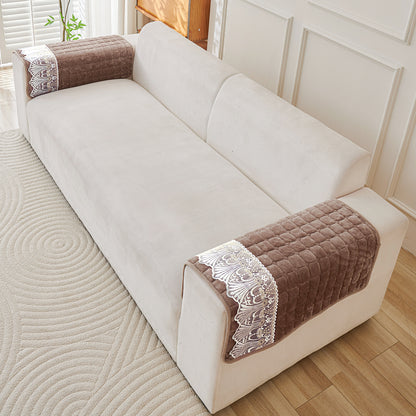 BelleLace Series Premium Imperial Milk Velvet Sofa Cover Mat with Lace Design -  Mocha Brown