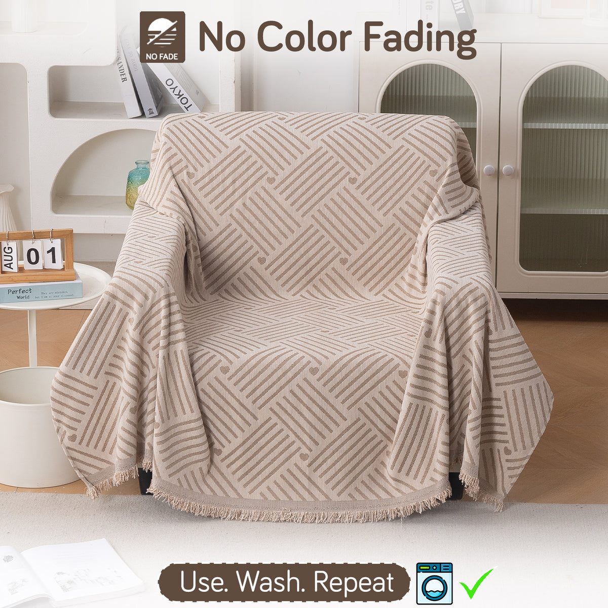 Premium 320 GSM Chenille Sofa Cover Throw All Season 'Serene Abode Series', Beige Geo Weave