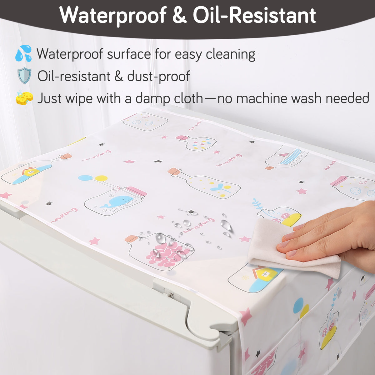 Small / Large Fridge Cover Top | For Smaller Single Door, Double Door and Bigger Double Door Refrigerator - Waterproof, Printed with 6 Side Pockets, Whimsical Bottles