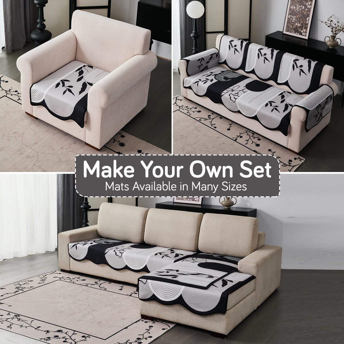 Arcea Chenille With Curved Edges Sofa Cover Mat, Grey Abstract Botanical