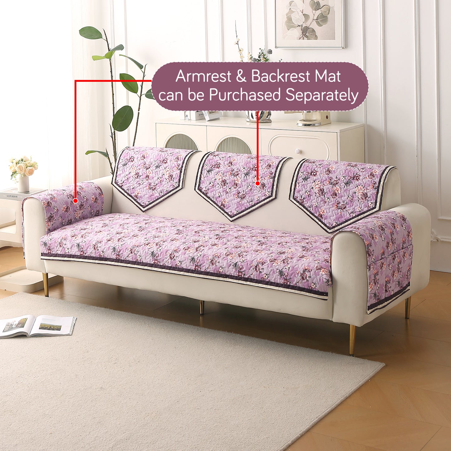 Florentina Series Printed Holland Velvet Sofa Mat - Peony Lavender