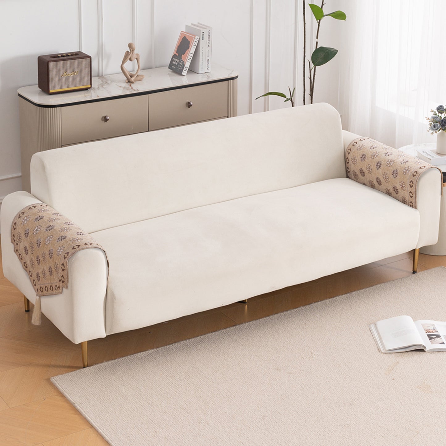 Heritage Weave Premium Jacquard Sofa Cover Set with Tassels - Sandy Beige
