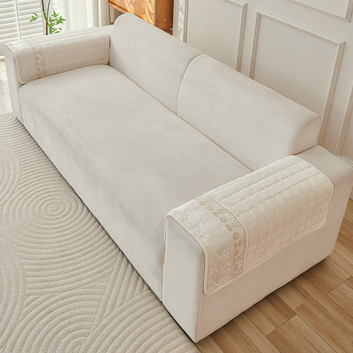 BelleLace Series Premium Imperial Milk Velvet Sofa Cover Mat with Lace Design -  Pearl White