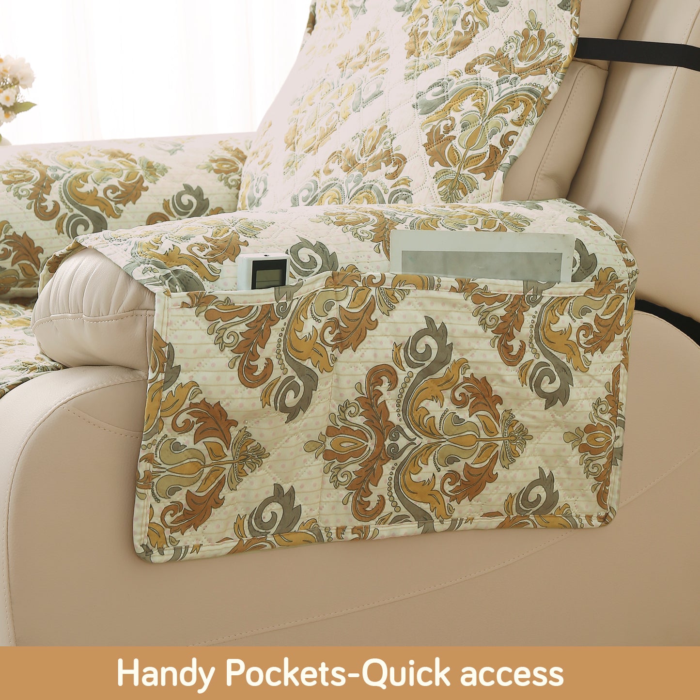Quilted Printed Recliner Mats for 1 Seater Recliner Sofa, Damask Beige