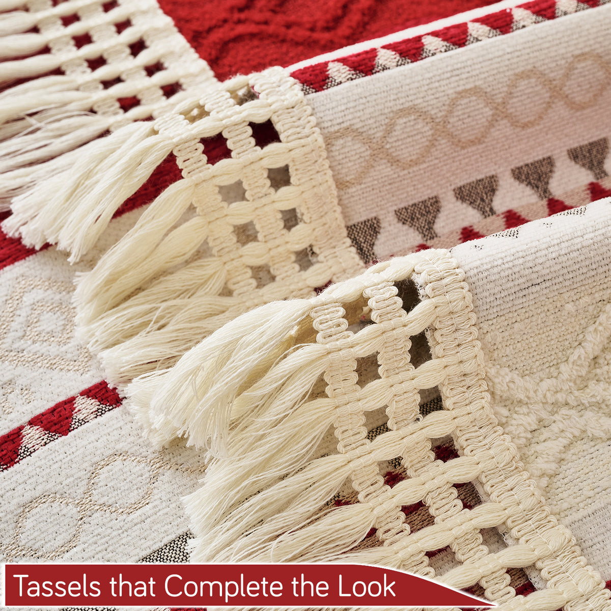 Nordic Boho Geometric Sofa Cover Mat with Tassel, 'Nordic Tassel Series'  Ruby Cream