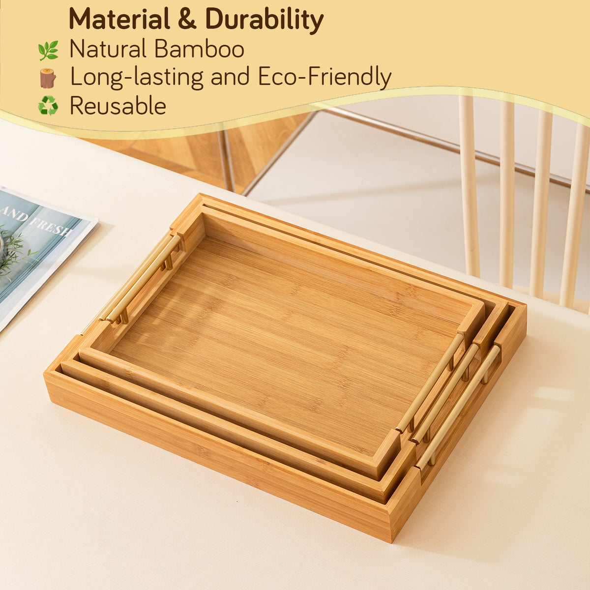 Bamboo Serving Tray Set with Gold Handles | Set of 3