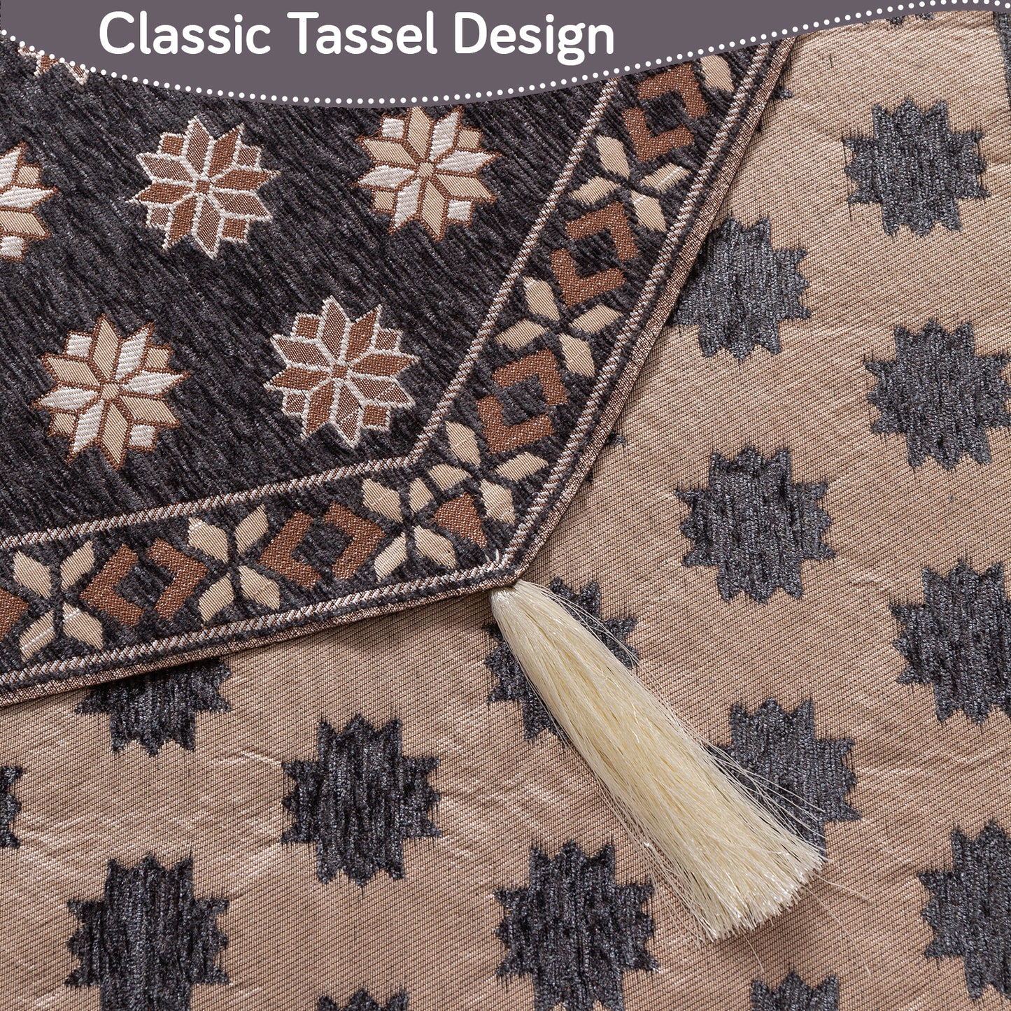 Heritage Weave Premium Jacquard Sofa Cover Set with Tassels - Graphite Grey