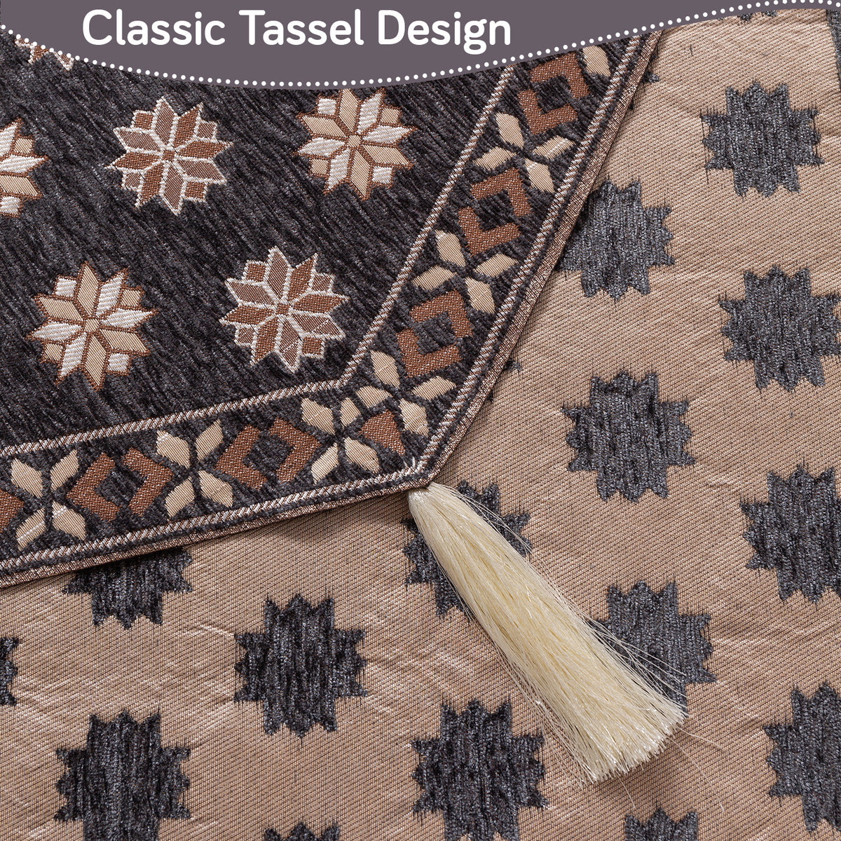 Heritage Weave Premium Jacquard Sofa Cover Set with Tassels - Graphite Grey