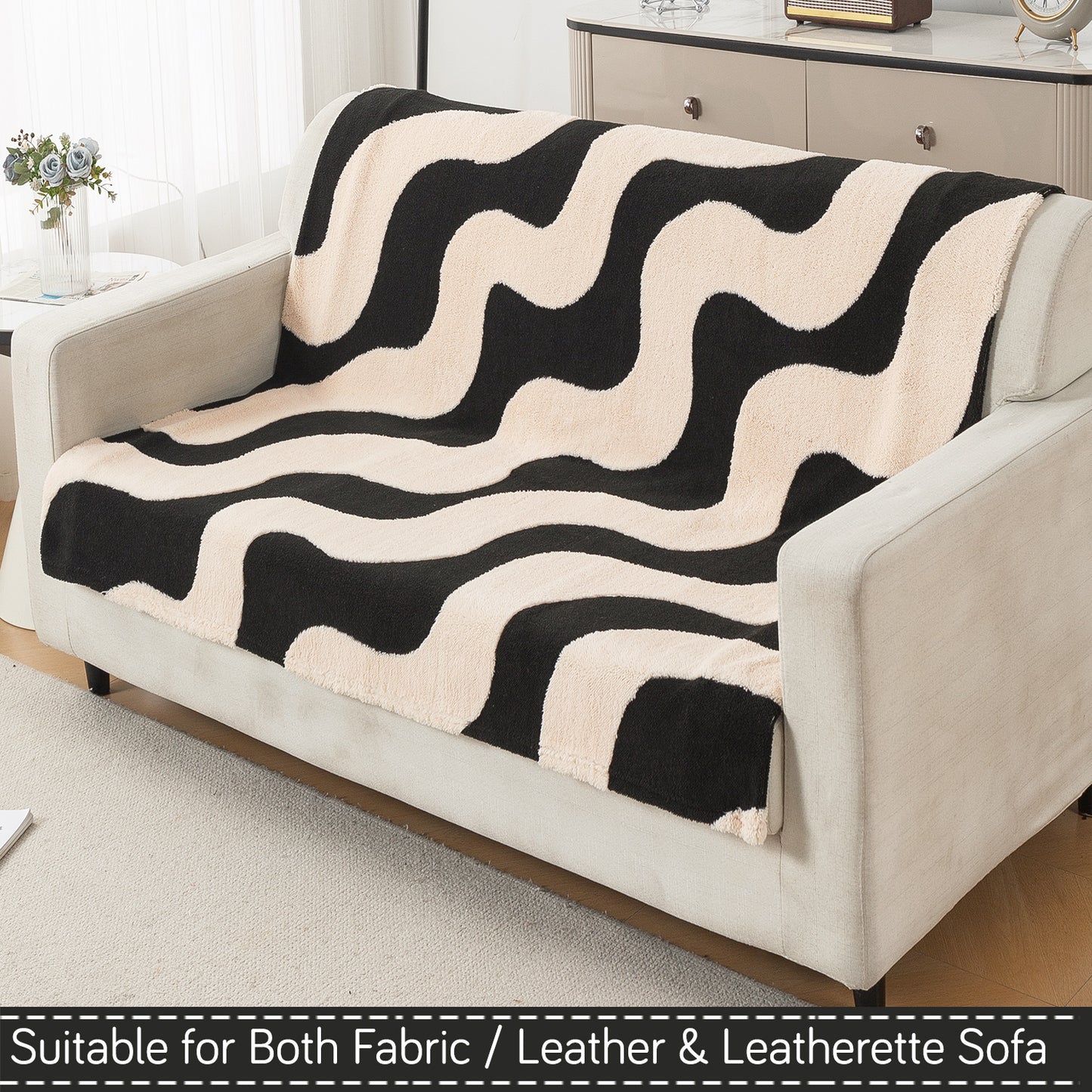 'Noirea Series' Plush Sofa Cover for Seat & Back, Wavy Stripe