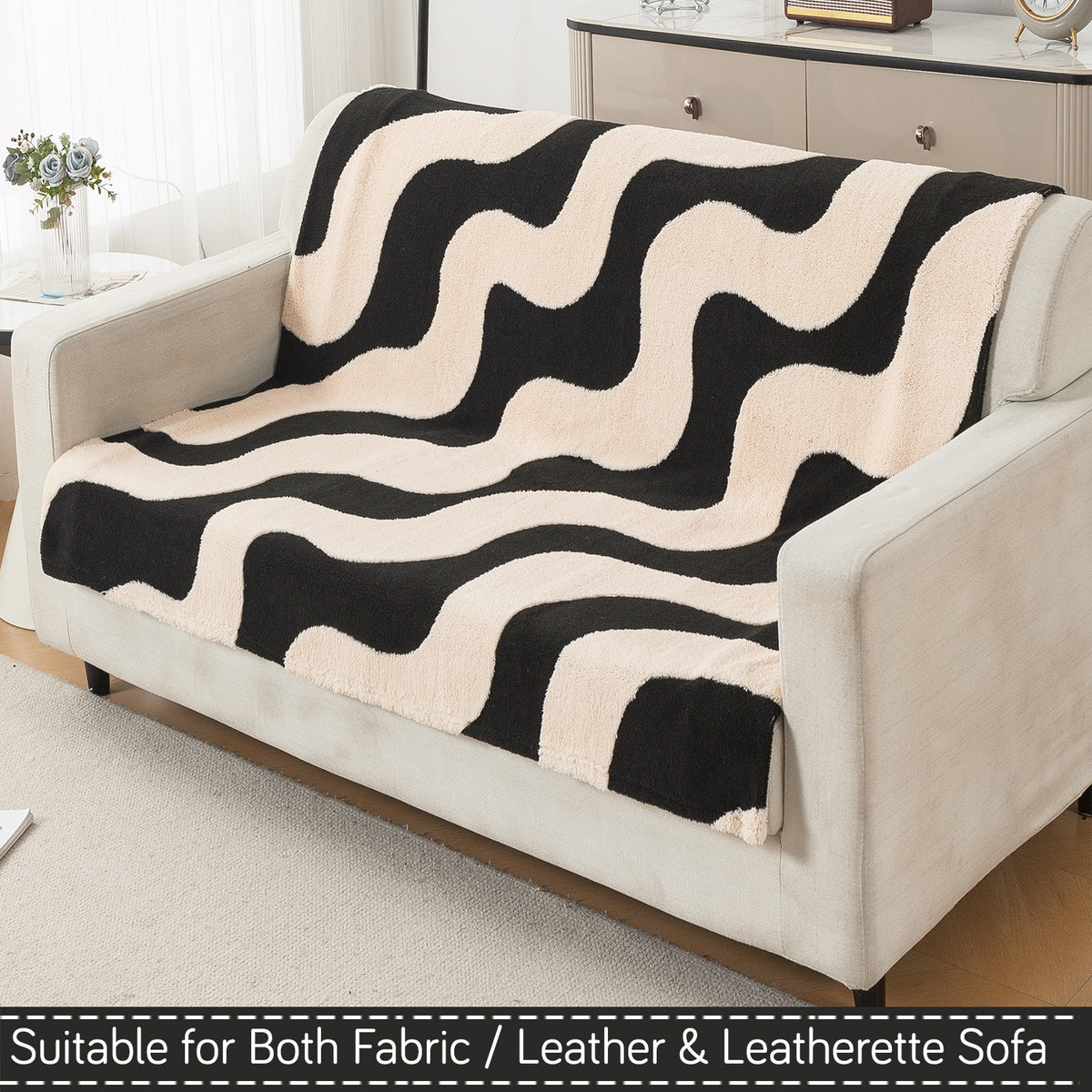 'Noirea Series' Plush Sofa Cover for Seat & Back, Wavy Stripe