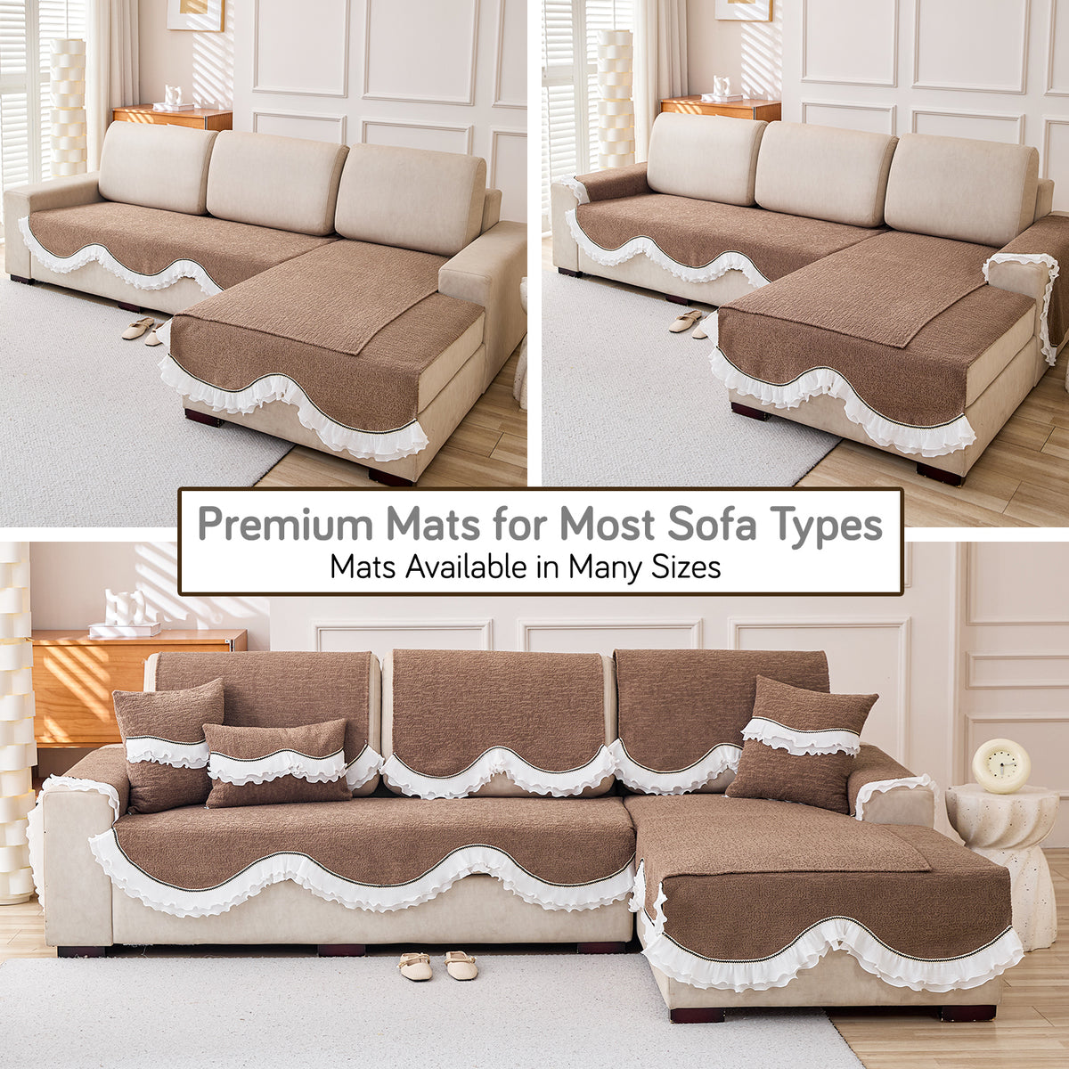 French Classic Frill Wavy Sofa Cover Mat, Mocha Luxe Brown