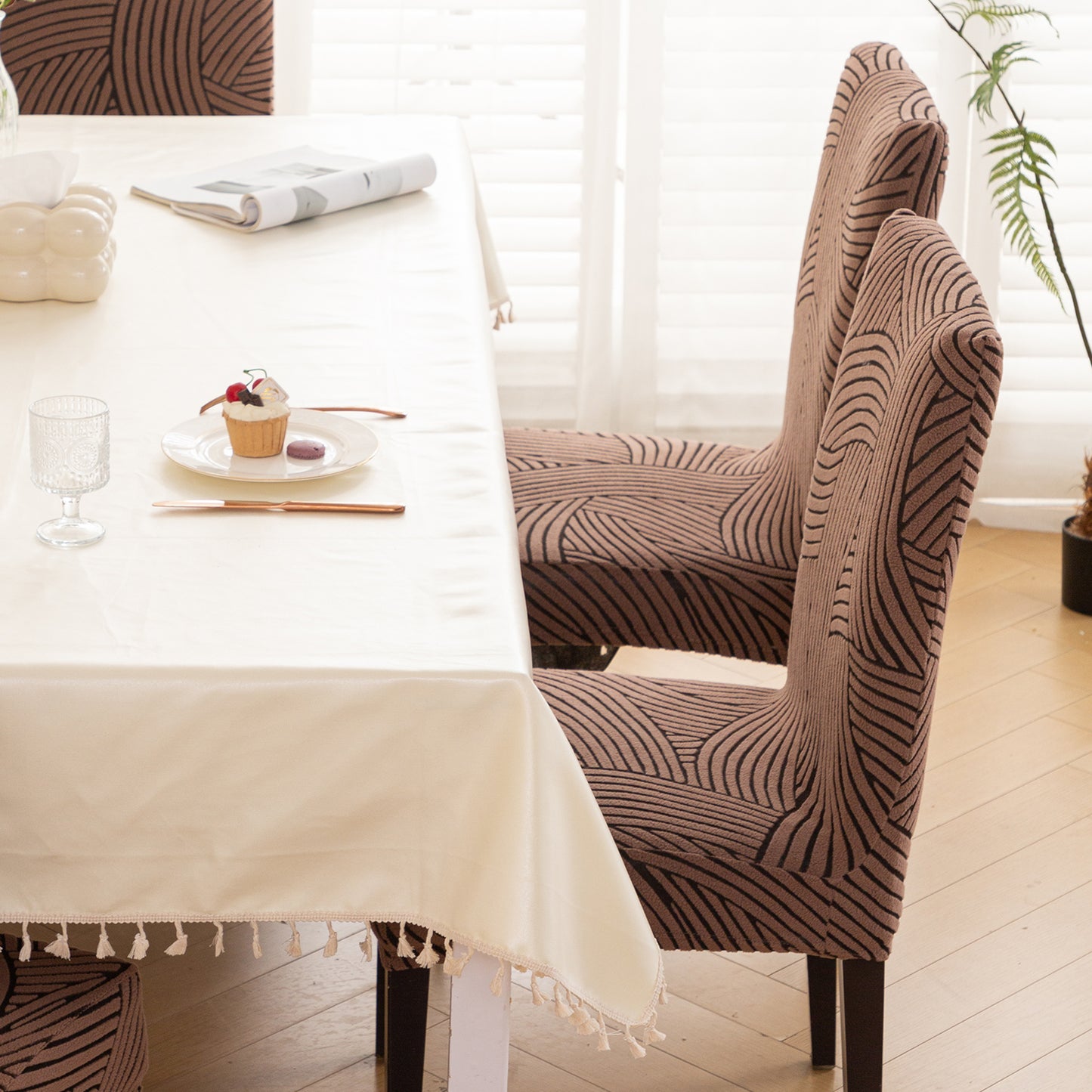 WaveLine Series 180 GSM Jacquard Chair Cover Set of 1/2/4/6, Rust Brown