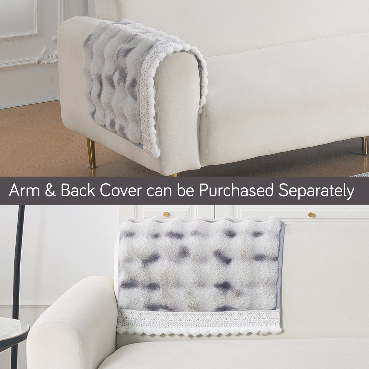 Faux Rabbit Fur Sofa Cover with Lace |Gradient Rabbit Plush, Grey