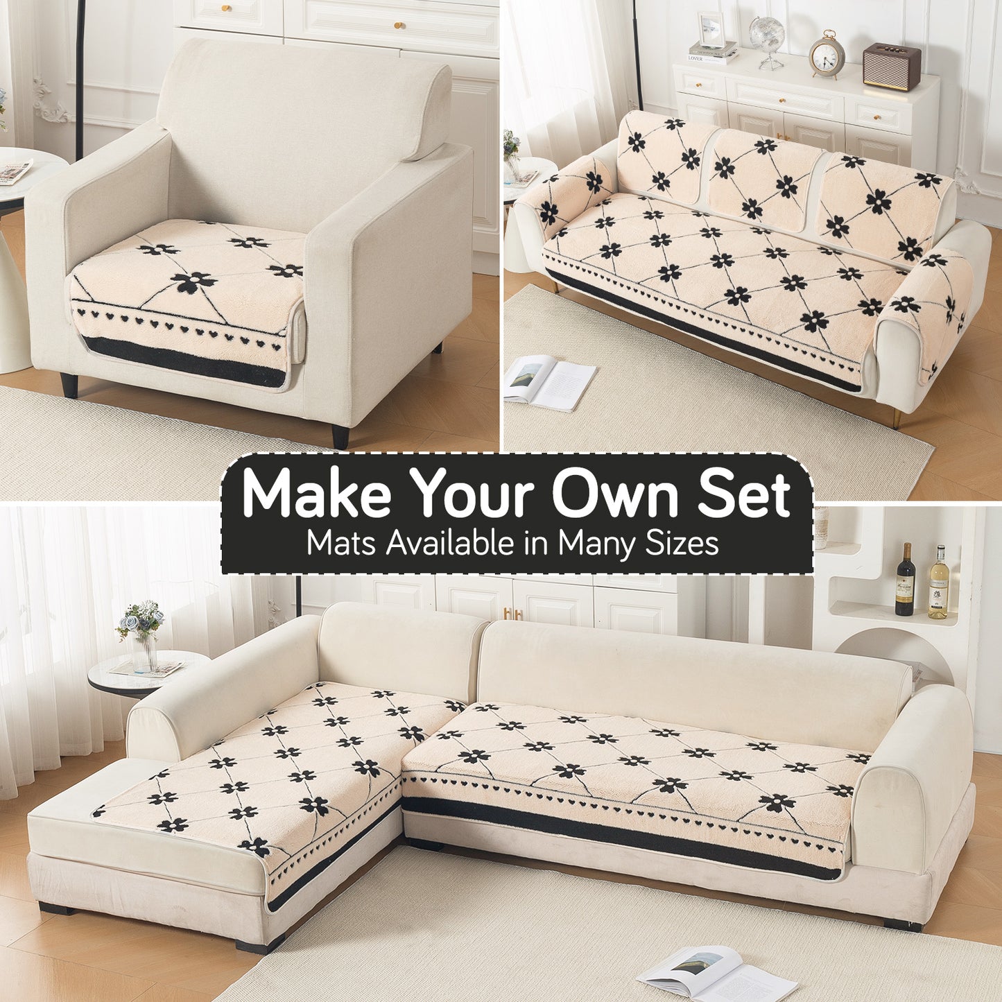 Luxury Plush Sherpa Anti-Slip Sofa Cover Mat, 'Noirea Series'| Floral Lattice