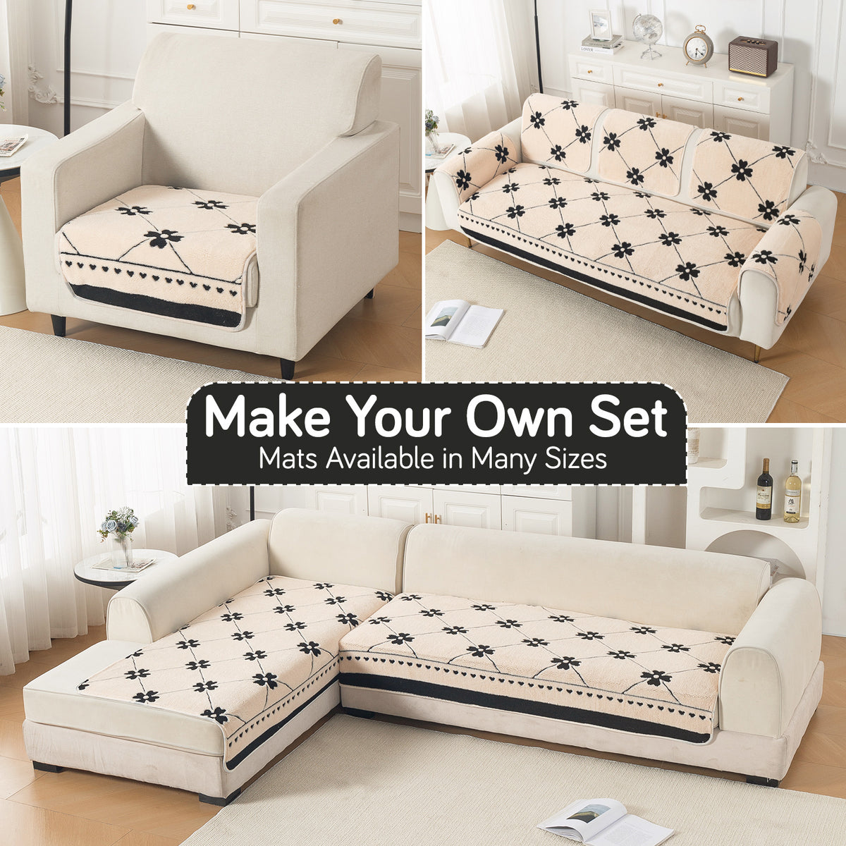 Luxury Plush Sherpa Anti-Slip Sofa Cover Mat, 'Noirea Series'| Floral Lattice