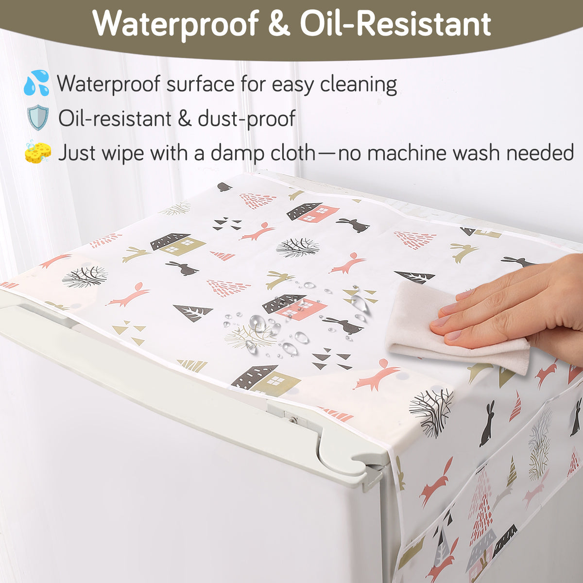 Small / Large Fridge Cover Top | For Smaller Single Door, Double Door and Bigger Double Door Refrigerator - Waterproof, Printed with 6 Side Pockets, Woodland Village