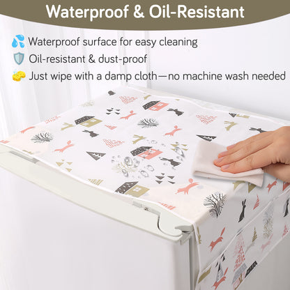 Small / Large Fridge Cover Top | For Smaller Single Door, Double Door and Bigger Double Door Refrigerator - Waterproof, Printed with 6 Side Pockets, Woodland Village